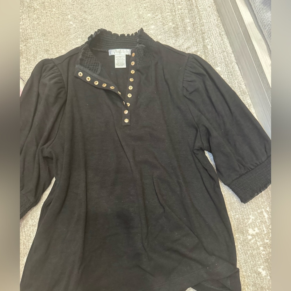 Design History Black Puff Sleeve Blouse with Mandarin Collar